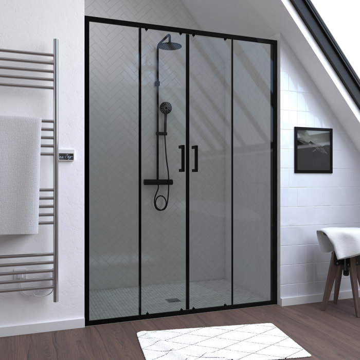 Porte de douche Double Coulissant 140x200 cm - Verre transparent - Profilé Noir - CRUSH