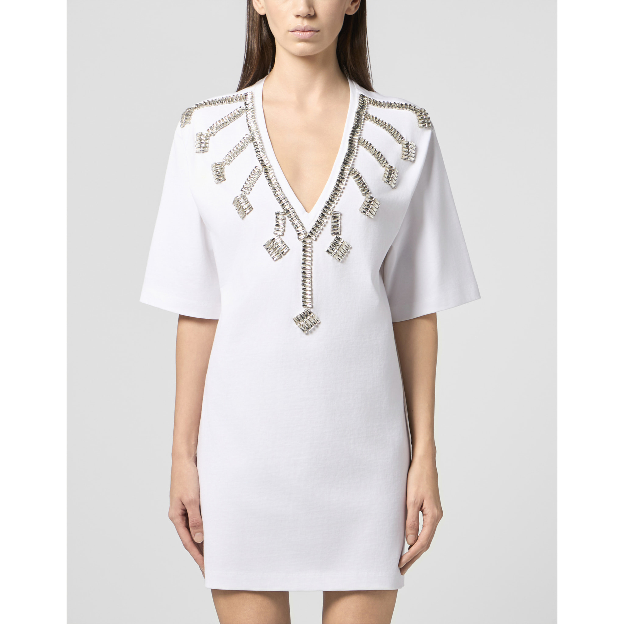 PHILIPP PLEIN V-Neck T-Shirt Dress Crystal Fringes