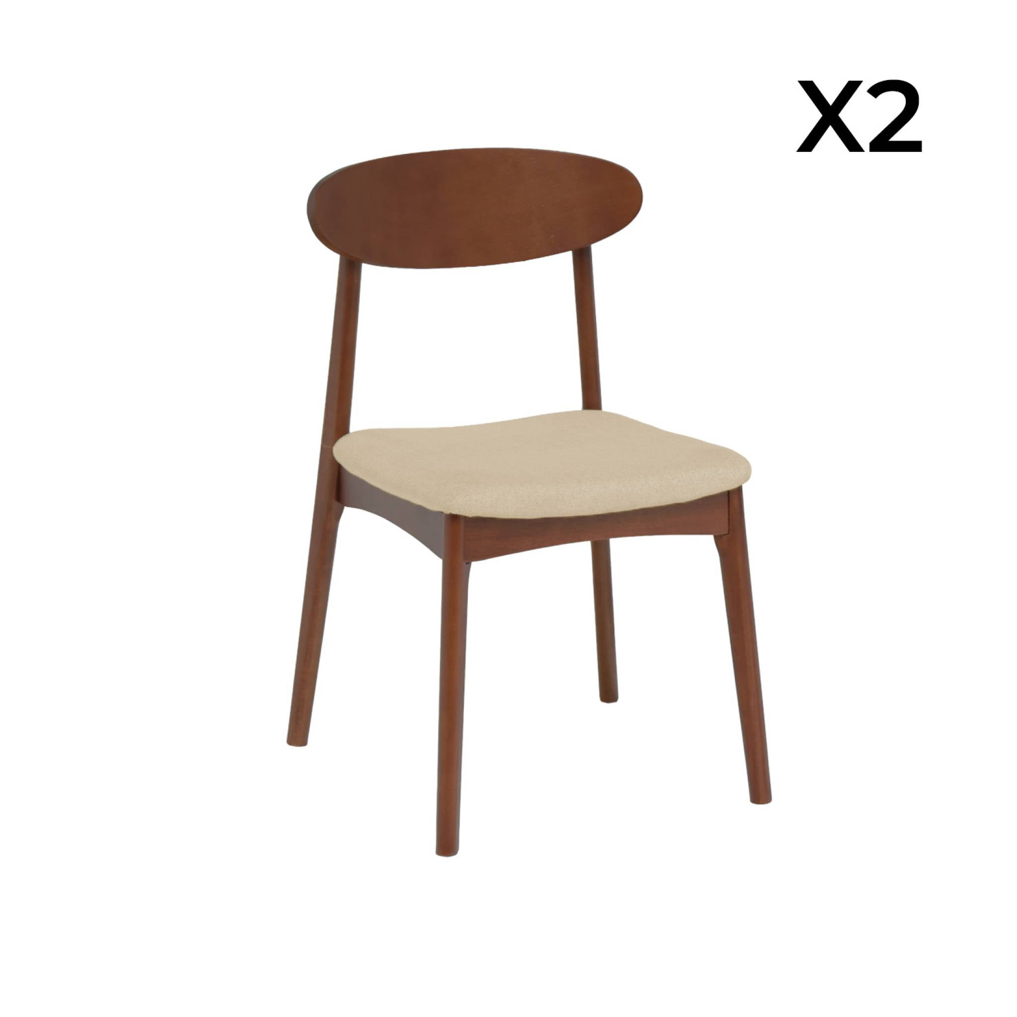 Chaise vintage bois d'hévéa noyer et tissu (lot de 2) ARIA