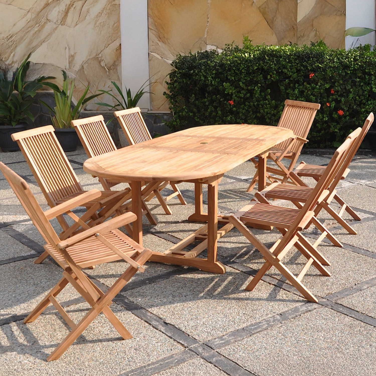 ADAGNA Salon de jardin Teck 10 places Table ovale 6 chaises 2 fauteuils