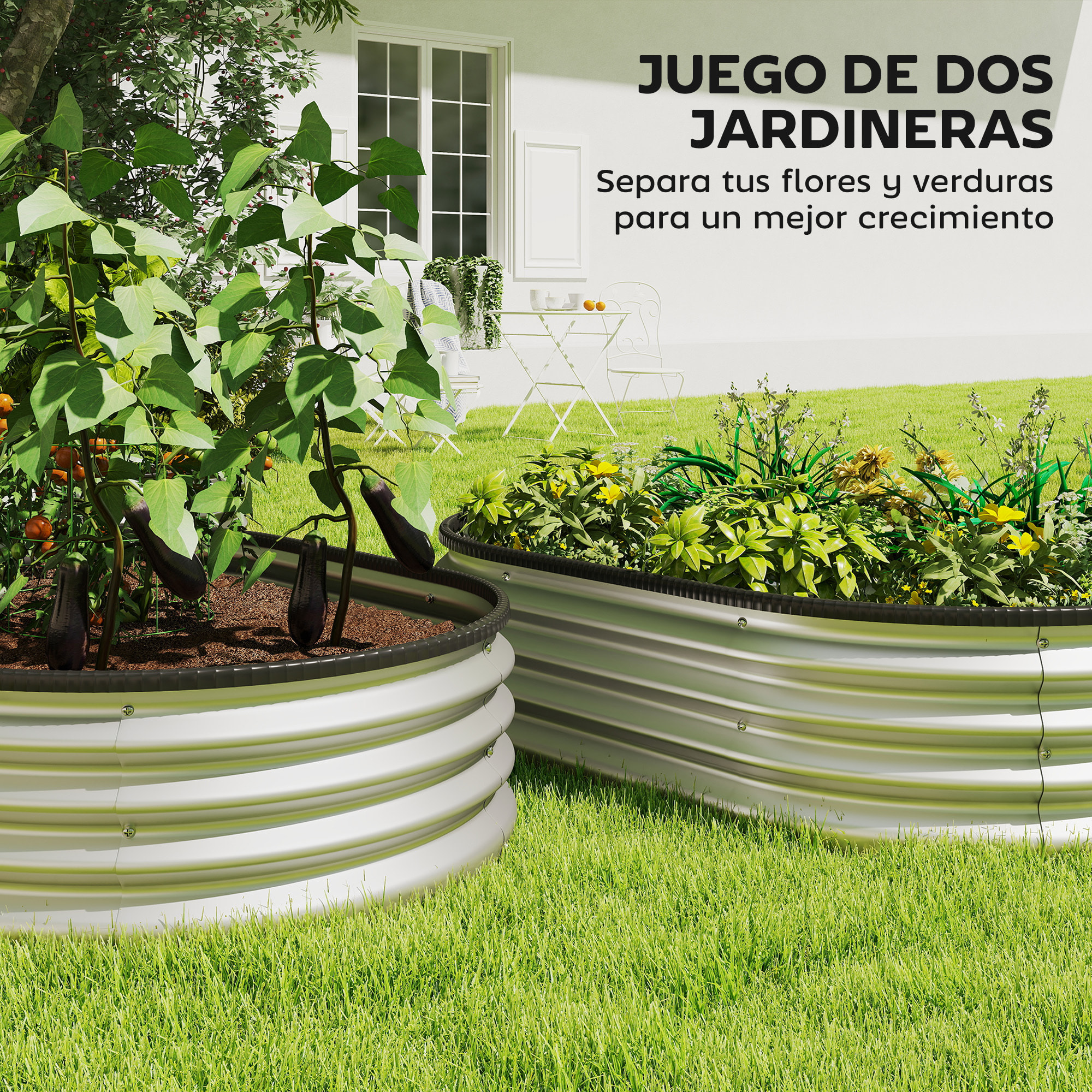 Juego de 2 Jardineras Exterior Grandes de Acero Galvanizado, Huertos Urbanos, Maceteros Exterior Modular con Base Abierta para Plantas, Resistente a la Intemperie, 135x90x30 cm, Plateado
