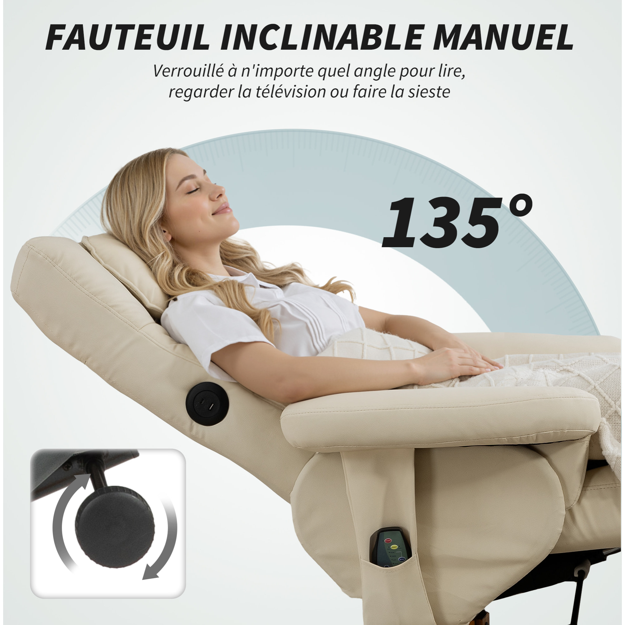 Ensemble fauteuil massant repose-pieds design Chesterfield - inclinable - coffre - tétière - blanc cassé