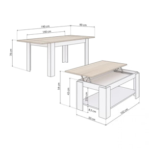 Pack mesa de comedor 140 y mesa de centro Lya Blanco Artik (Blanco Mate) - Roble Canadian