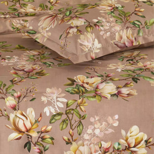 Housse de couette satin de coton imprimé rose Magnolias rose fume