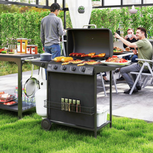 Barbacoa de Gas BBQ Gas con 4+1 Quemadores 12 kW Barbacoa Portátil con Termómetro Mesa Lateral Estante Especiero Parrilla Recogedor de Grasa 2 Ruedas para Jardín Exterior Camping Negro