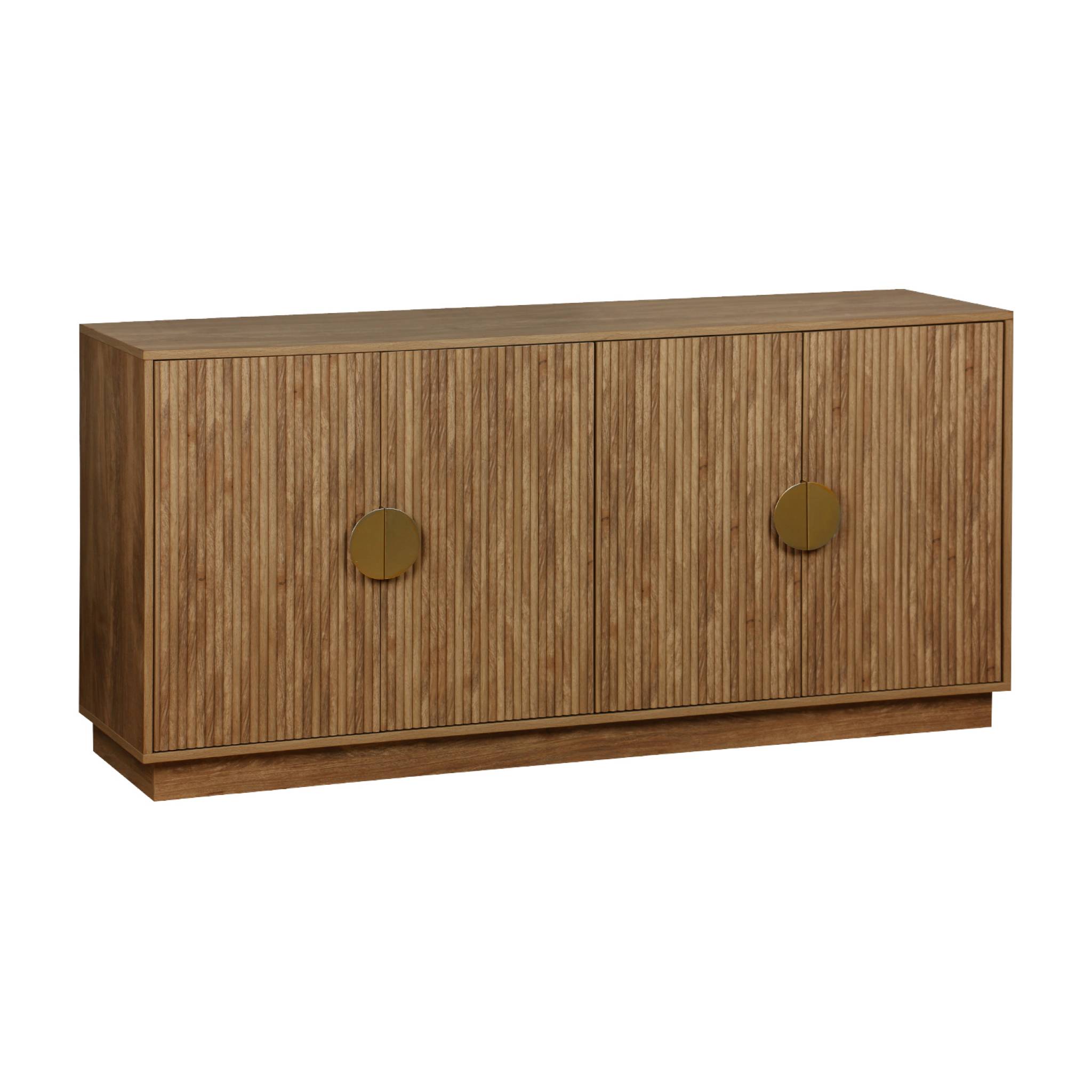 Buffet exotique 4 portes. effet bois de manguier rainuré. buffet bas. poignées en métal doré. L 160 x P 40 x H 75cm