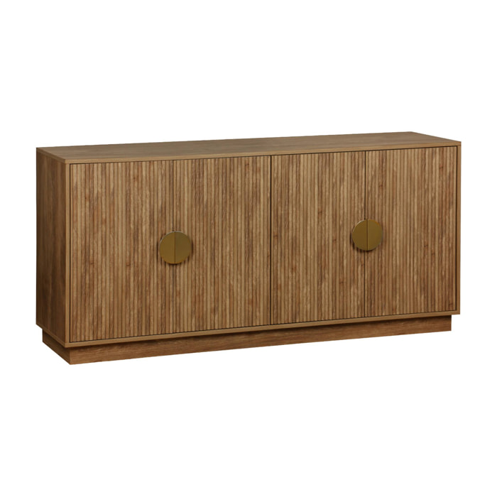 Buffet exotique 4 portes. effet bois de manguier rainuré. buffet bas. poignées en métal doré. L 160 x P 40 x H 75cm