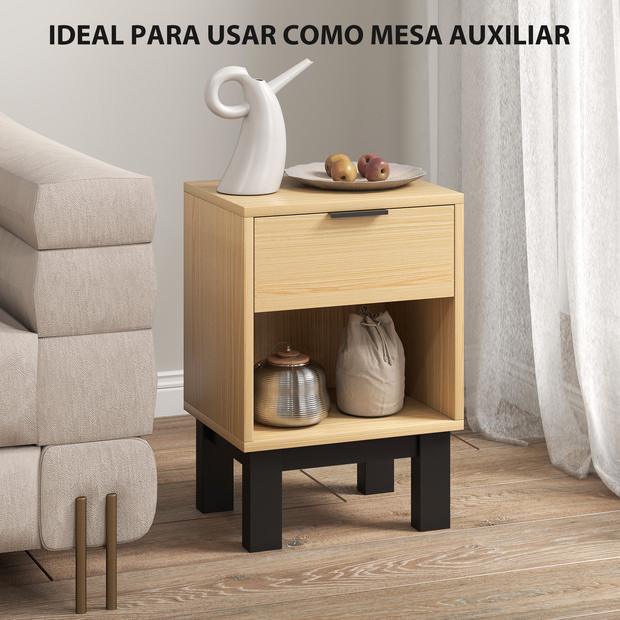 Juego de 2 Mesitas de Noche Estrechas, Mesillas de Noche Modernas con Cajón y Estante Abierto, para Dormitorio, Salón, 35x26x50 cm, Roble