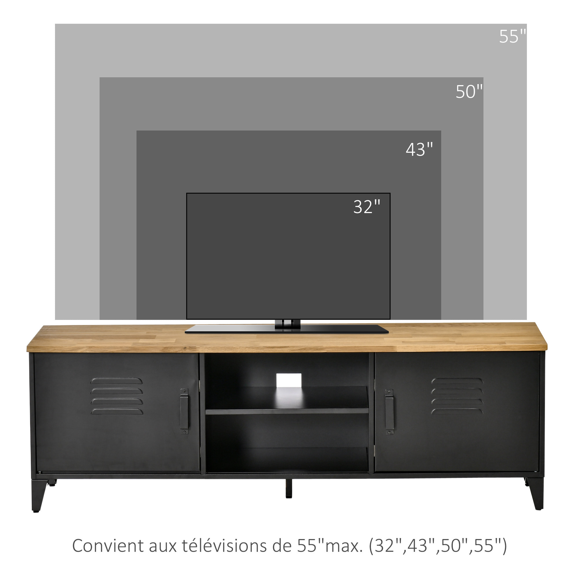 Meuble TV banc TV design industriel - 2 placards, 2 niches, 2 passe-fils - structure piètement tôle métal plateau bois d'hévéa