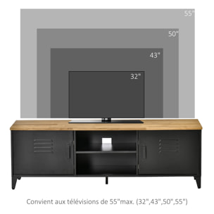 Meuble TV banc TV design industriel - 2 placards, 2 niches, 2 passe-fils - structure piètement tôle métal plateau bois d'hévéa