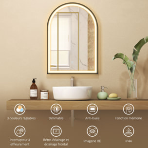 Miroir salle de bain LED design arche 50 x 70 cm anti-buée dimmable tactile réglable verre trempé alu noir
