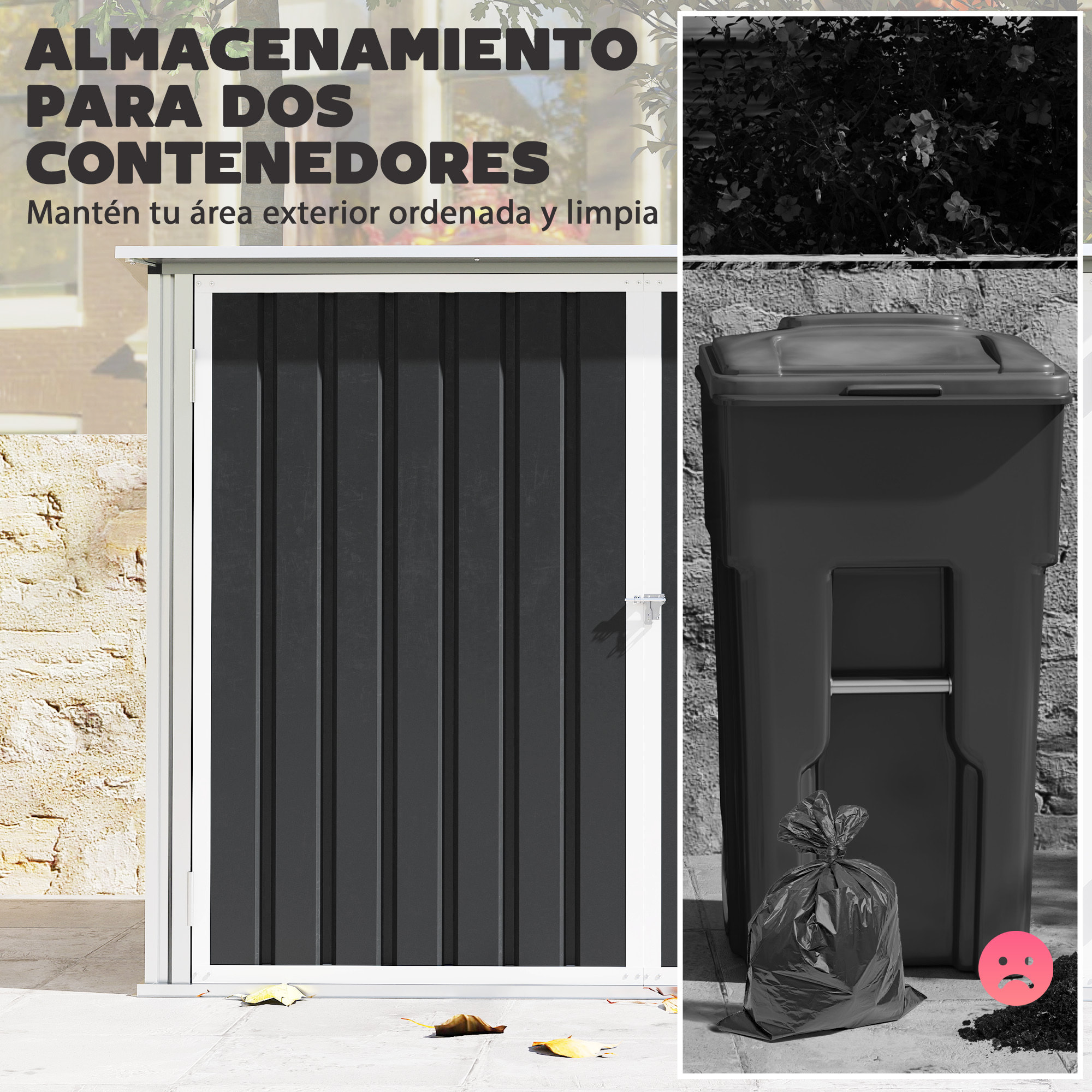 Cobertizo para Contenedor de Basura Doble, Caseta para Cubo de Basura de Acero Galvanizado con Tapa Abatible y Puertas Doble, para Jardín, Exterior, 179,5x108x129,5 cm, Gris Oscuro