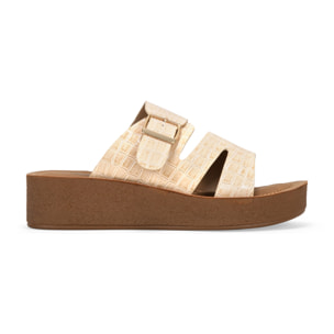 Sandalias de cuña beige efecto cocodrilo con hebilla