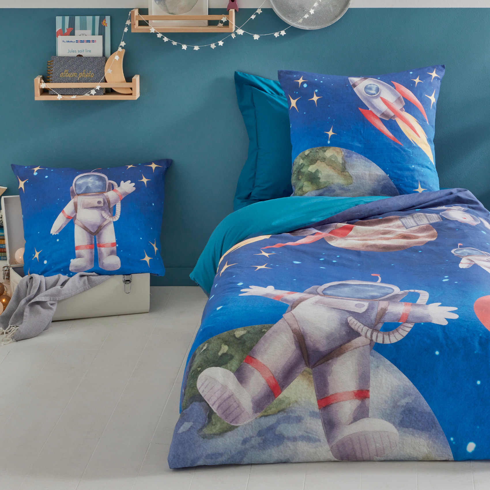 Housse de couette enfant percale de coton astronaute et fusée - Bleu