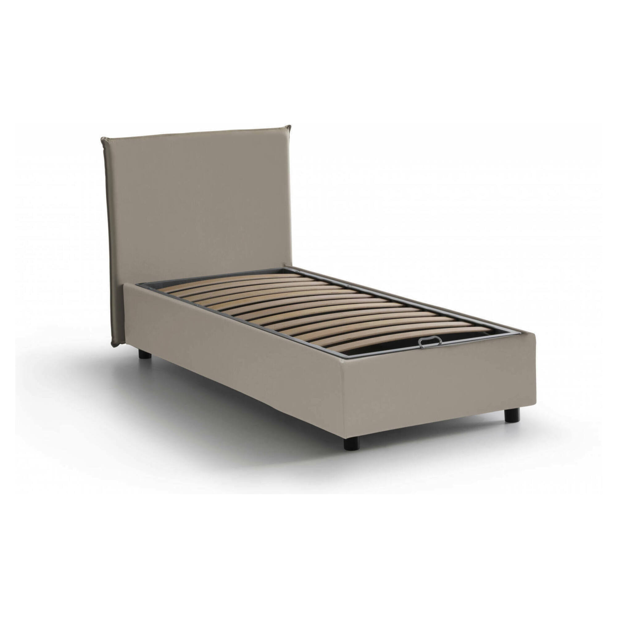 Letto singolo Grecale, Letto contenitore con rivestimento in ecopelle, 100% Made in Italy, Apertura laterale, adatto per materasso Cm 80x190, Tortora