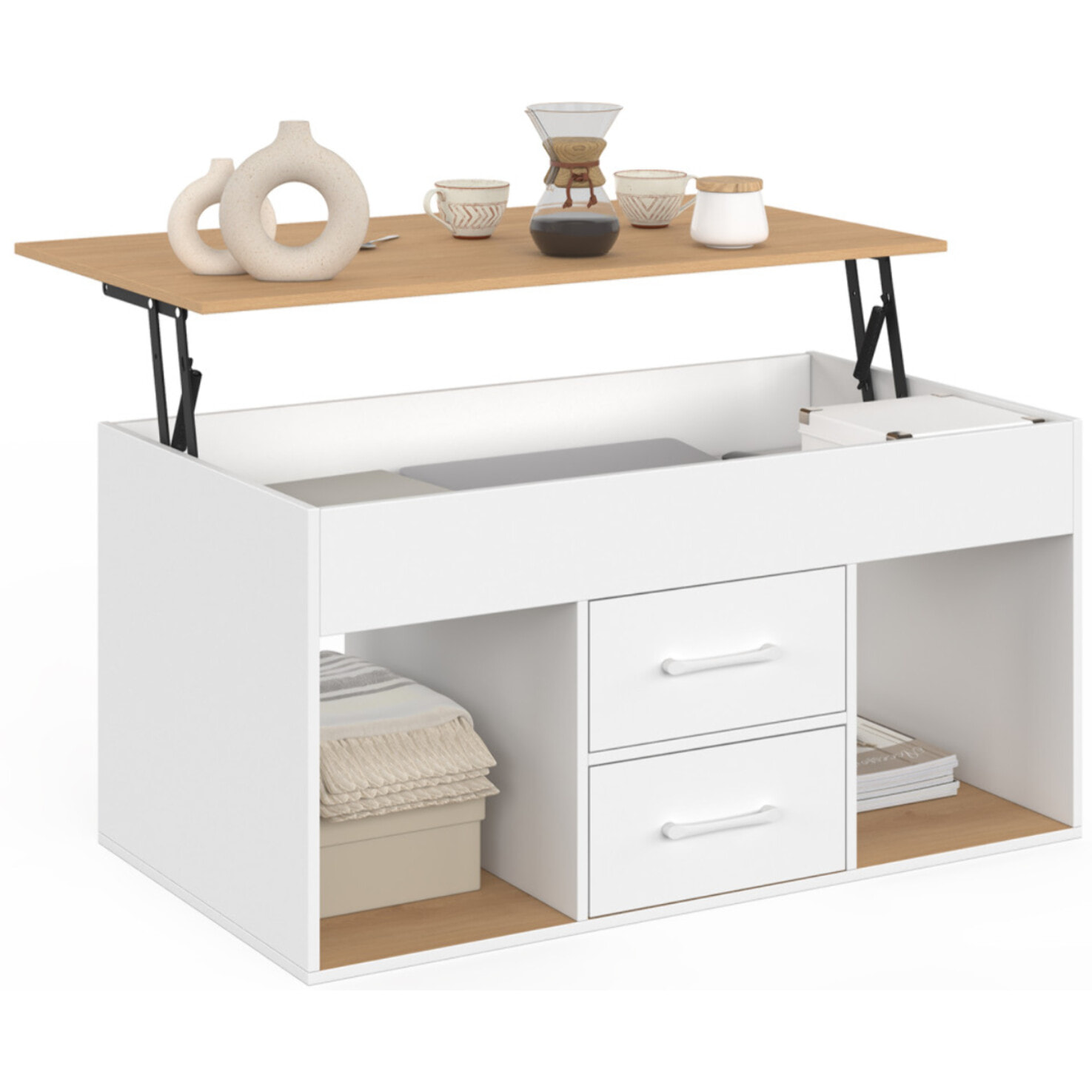 Table basse Uma relevable 2 tiroirs bois et blanc