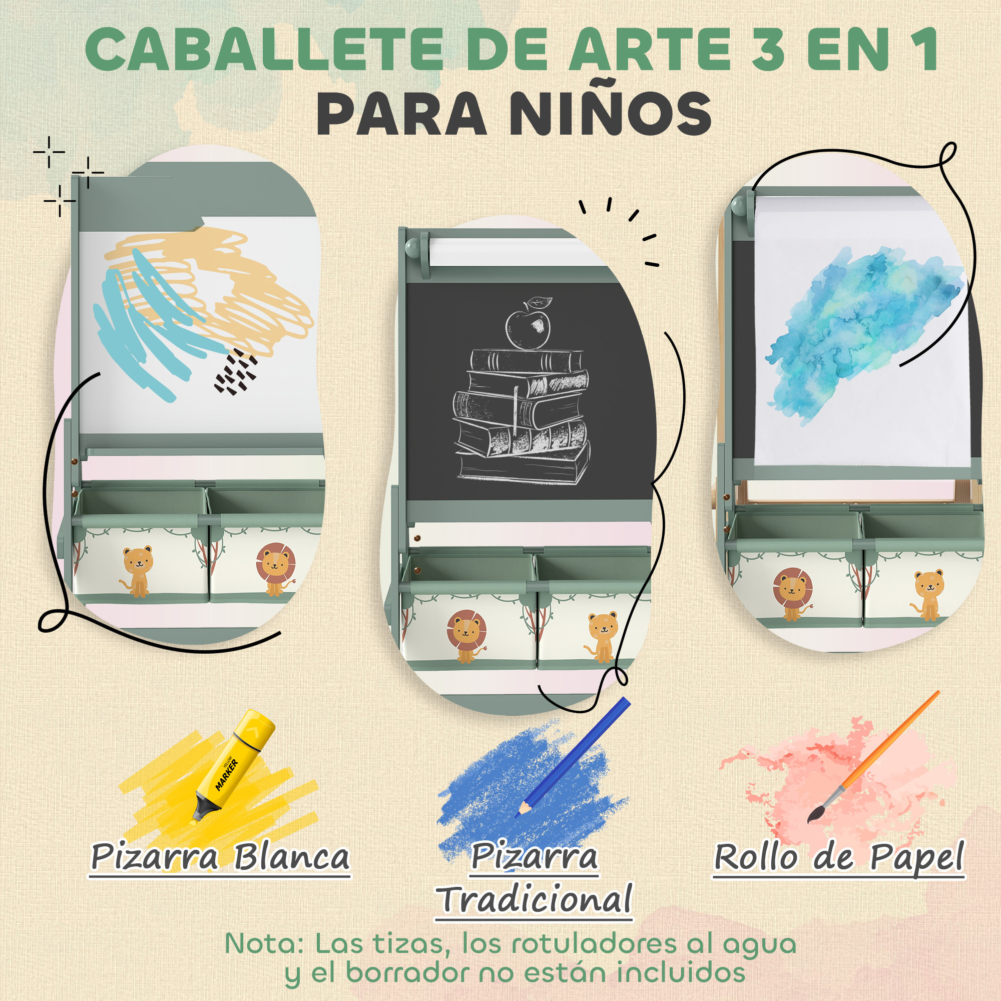 Pizarra Infantil Caballete 3 en 1 Pizarra Infantil de Doble Cara Caballete de Pintura para Niños de +3 Años con Rollo de Papel y Cestas de Almacenamiento 54x46x94 cm Verde