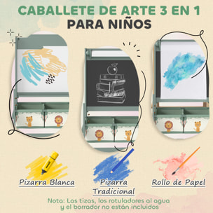 Pizarra Infantil Caballete 3 en 1 Pizarra Infantil de Doble Cara Caballete de Pintura para Niños de +3 Años con Rollo de Papel y Cestas de Almacenamiento 54x46x94 cm Verde