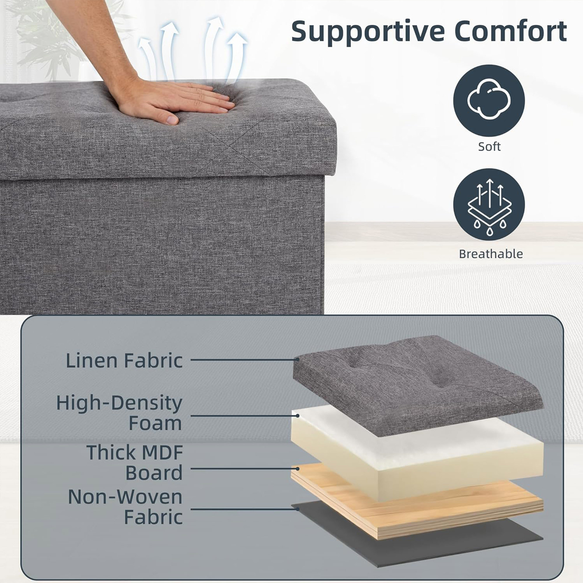 Nemora 110 - Cassapanca Ottomana 109x38x38 cm Pouf Contenitore Poggiapiedi in Tessuto Grigio