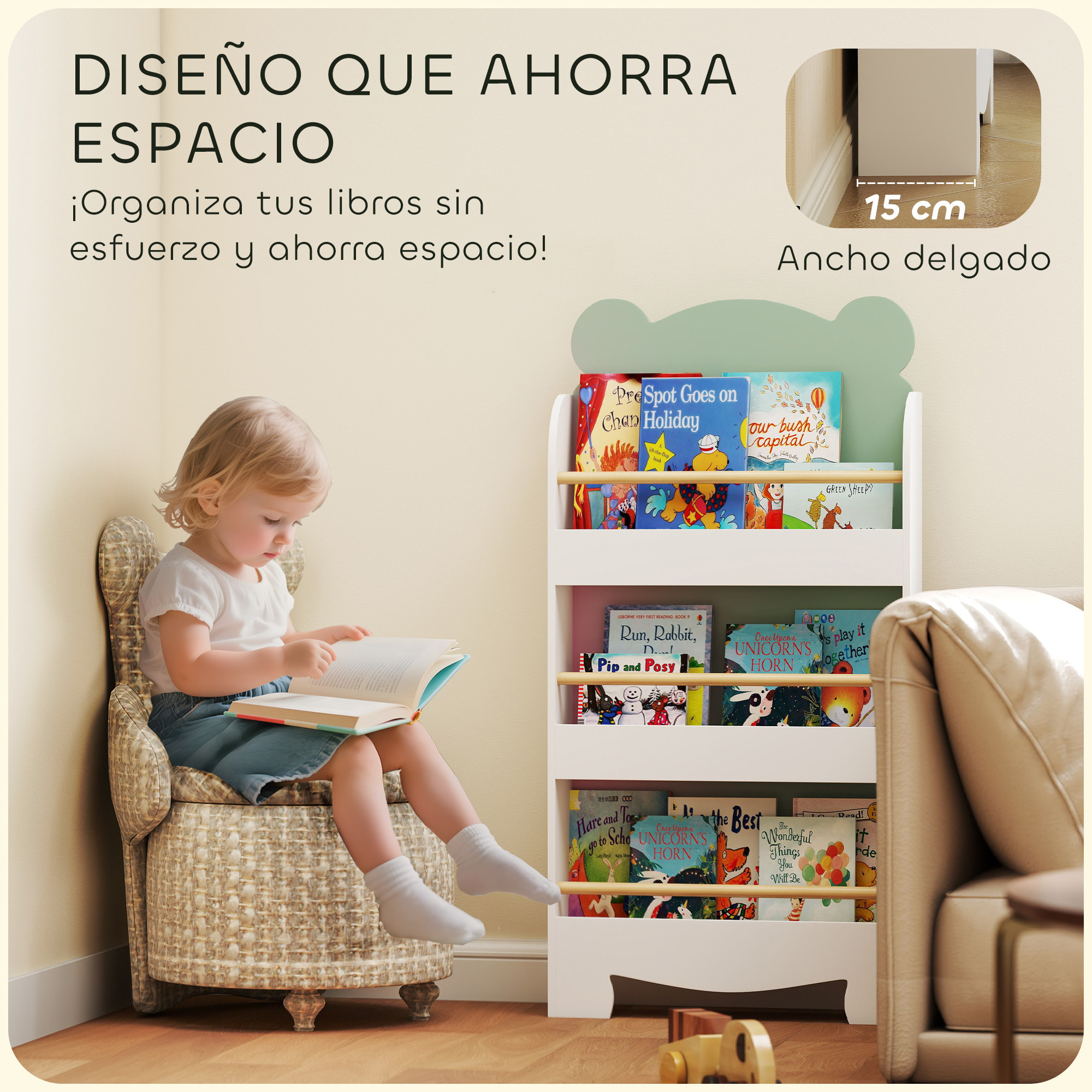 Librería Infantil de 3 Niveles Estantería para Libros Infantil Diseño de Osito para Sala de Juegos Dormitorio Guardería Verde