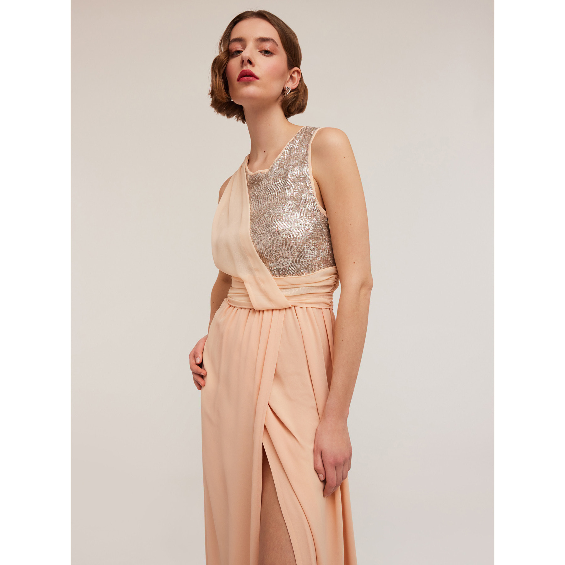 Motivi - Vestido largo peplum con corpiño de lentejuelas - Rosa