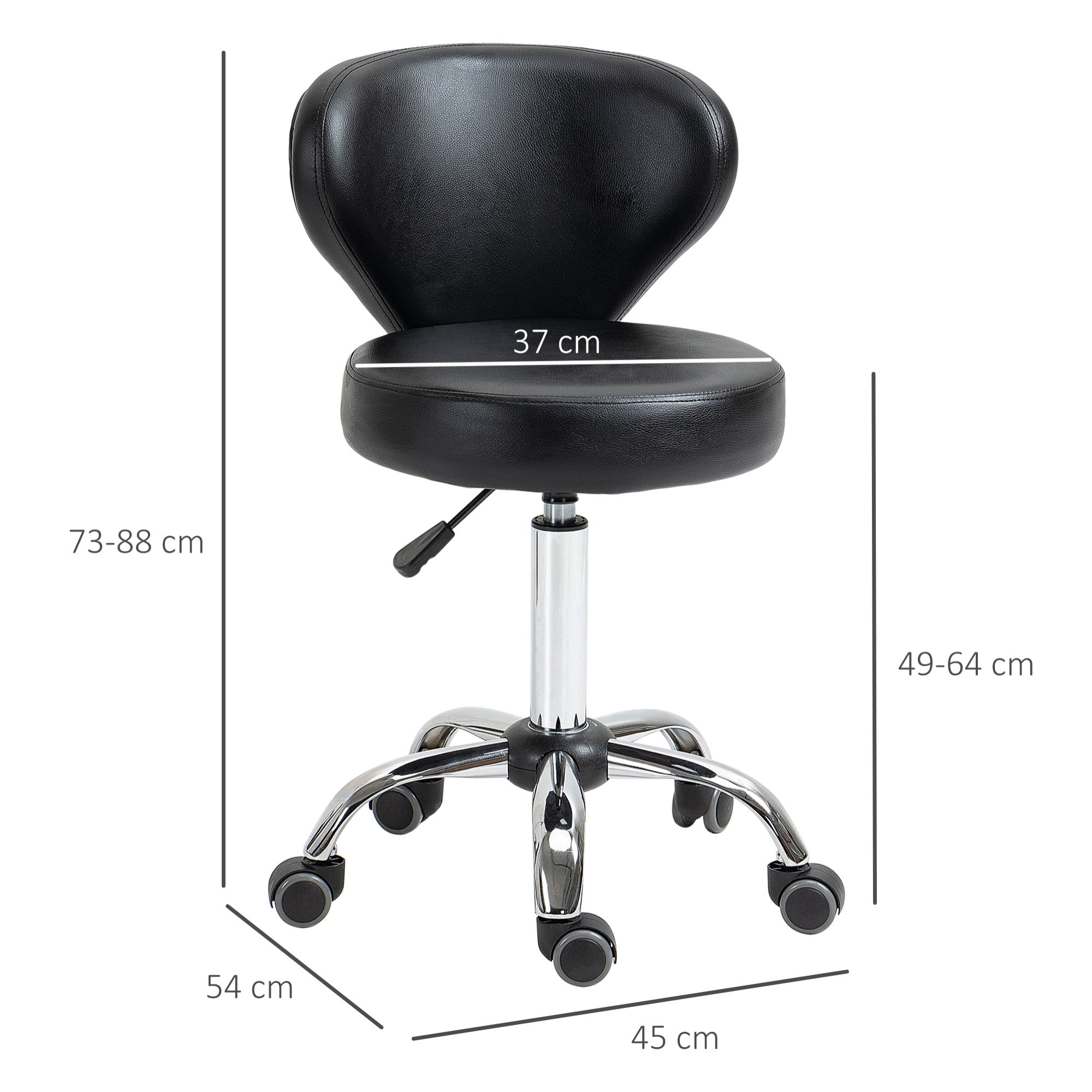 HOMCOM Tabouret de massage - tabouret de travail pivotant 360° - assise réglable 49-64H cm, dossier ergonomique - métal chromé revêtement synthétique noir