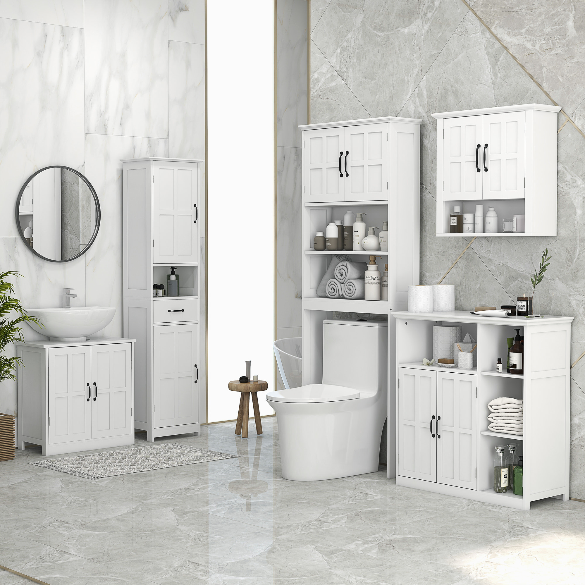 Columna de Baño Armario de Baño Alto con 2 Puertas 1 Cajón Estante Abierto y Estantes Ajustables Antivuelco 40x30x164 cm Blanco
