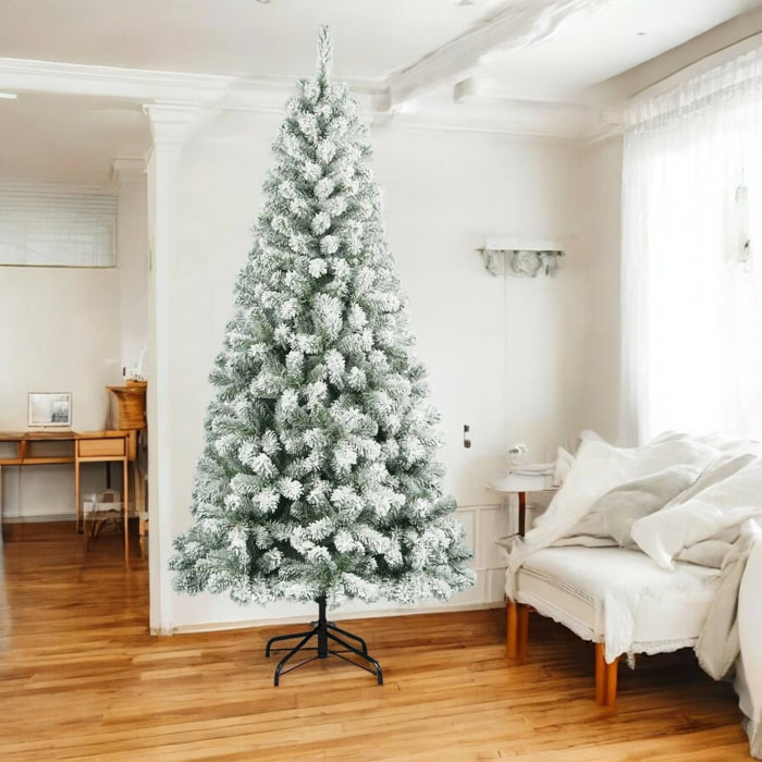 Albero di Natale 240 cm Kris Kringle, Pino artificiale floccato, Albero effetto reale, Alberello natalizio extra folto, 114x114 h240 cm, Verde e Bianco