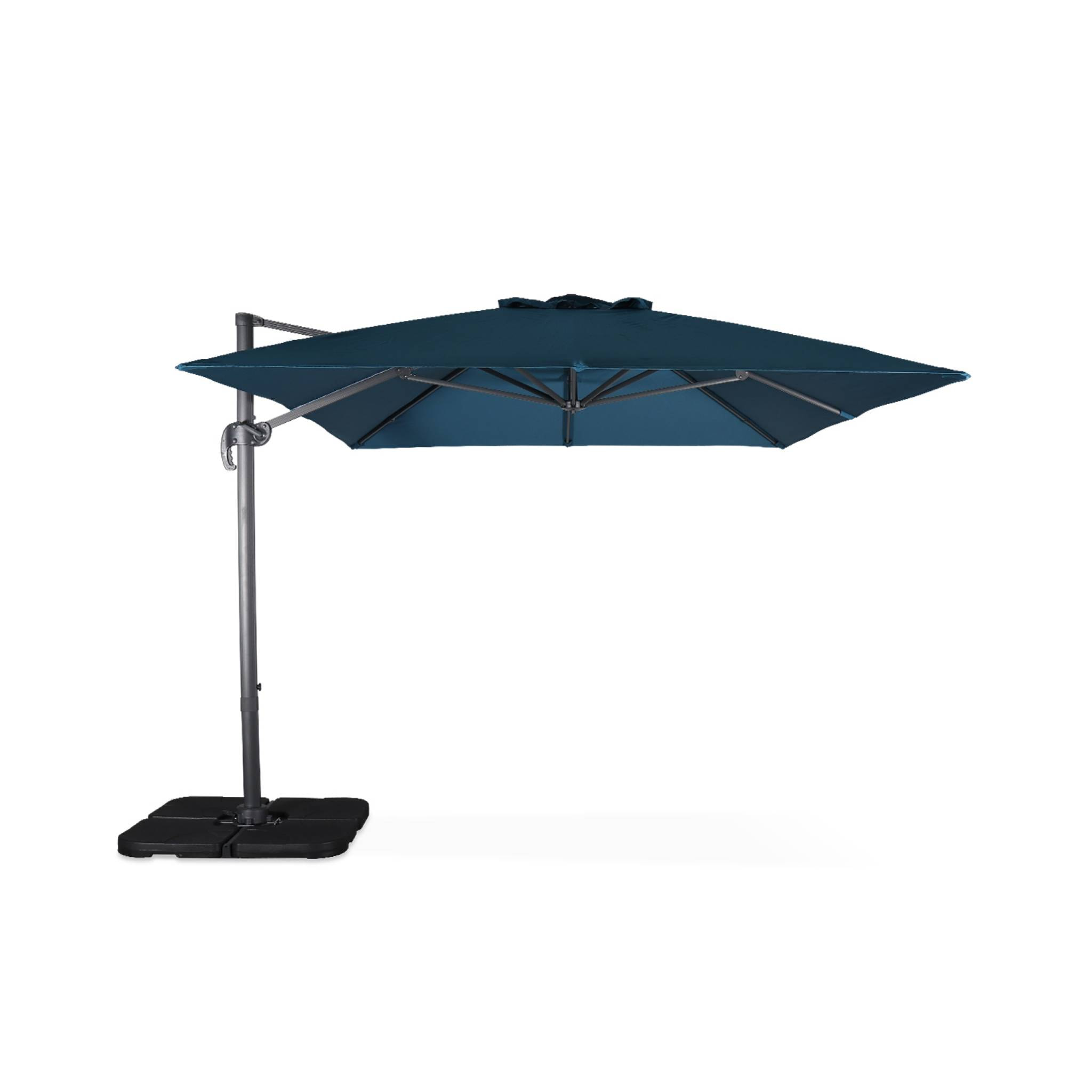 Parasol déporté rectangulaire bleu canard 3x4m + dalles à lester 50x50cm