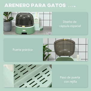 Arenero para Gatos con Cubierto Caja de Arena para Gatos en Forma de Cápsula Espacial con 2 Bandejas Extraíbles y Pala 52x60x42 cm Verde