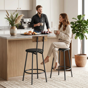 Juego de 2 Taburetes de Bar, Taburetes Altos de Cocina con Respaldo y Reposapiés, Tapizados en PU, Marco Metálico, Asiento de 60 cm de Altura, Negro