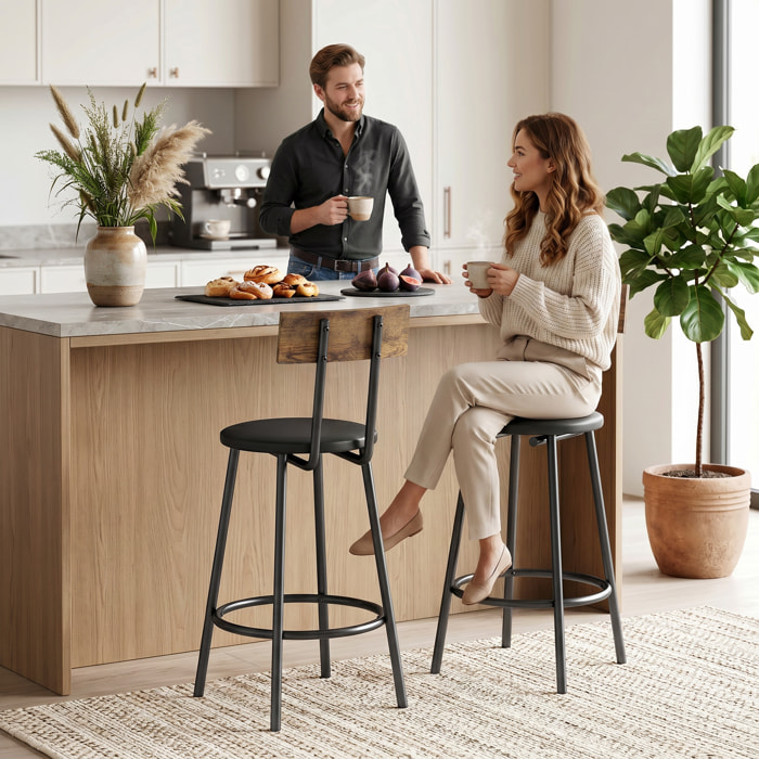 Juego de 2 Taburetes de Bar, Taburetes Altos de Cocina con Respaldo y Reposapiés, Tapizados en PU, Marco Metálico, Asiento de 60 cm de Altura, Negro