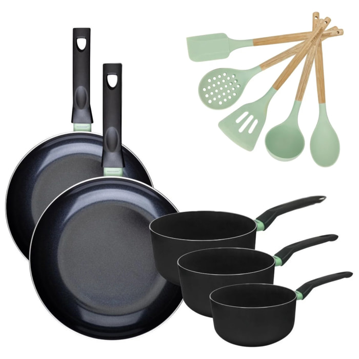 Lot 2 Poêles et 3 Casseroles Fackelmann Brandao avec 5 ustensiles Ocean