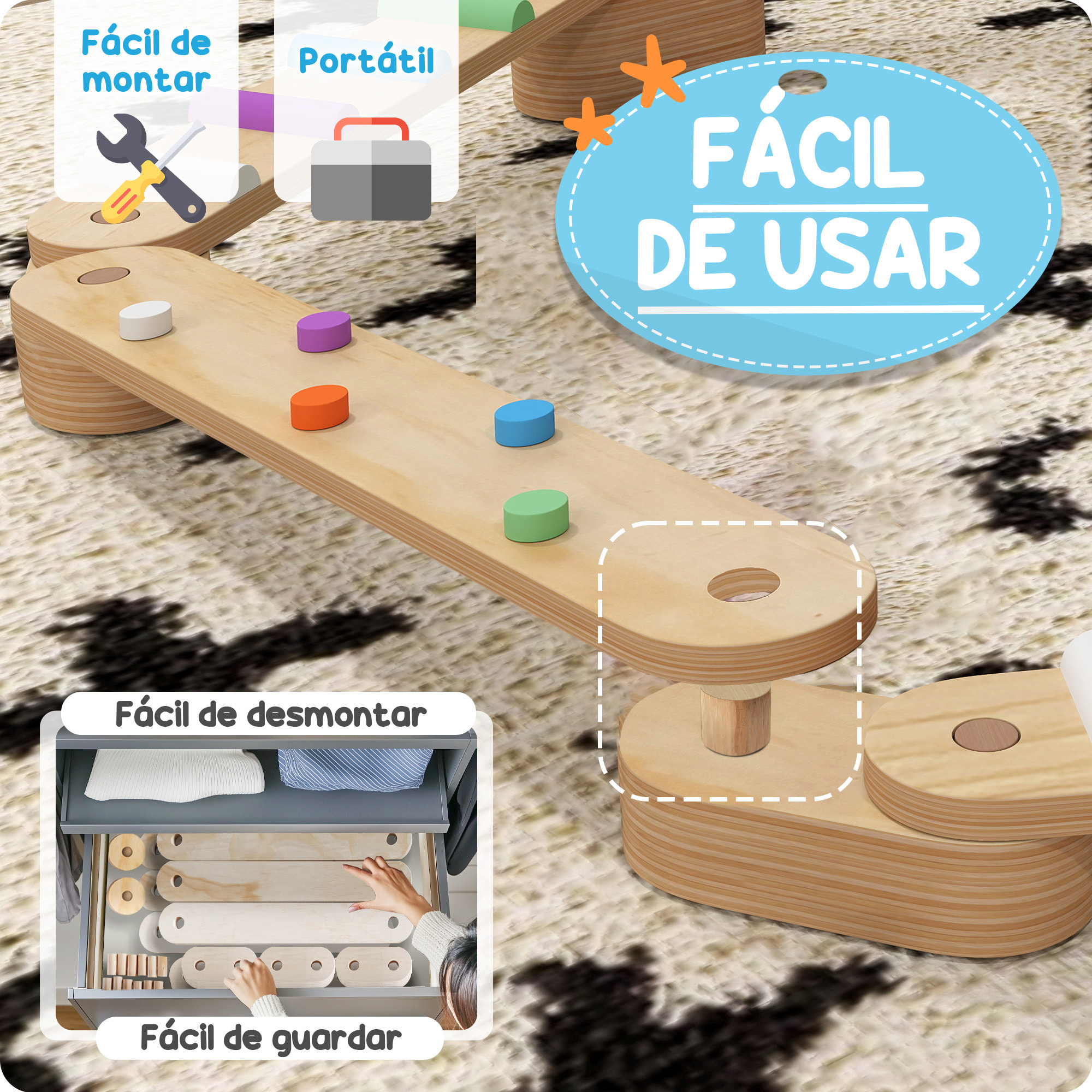 AIYAPLAY Juego de Viga de Equilibrio de Madera para Niños de +3 Años Barra de Equilibrio Infantil para Entrenamiento de Equilibrio en Interiores y Exteriores Multicolor