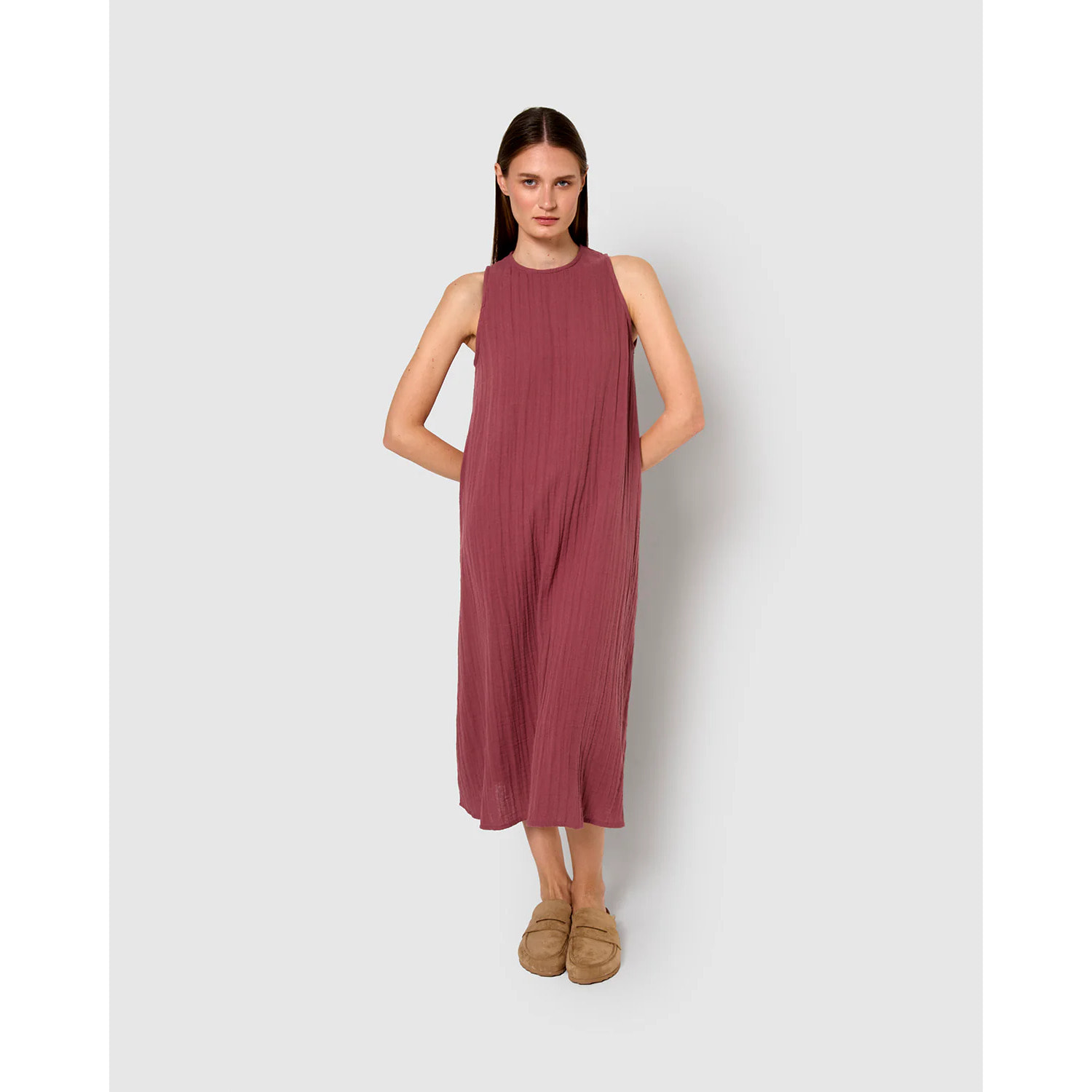 Vestido largo tirantes muselina malva