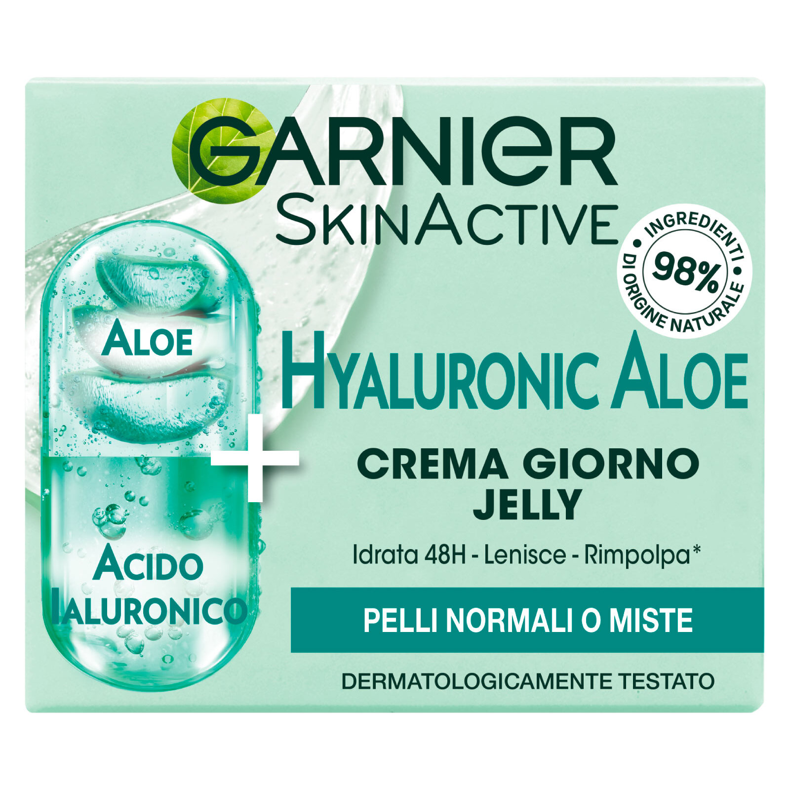 Crema Giorno Idratante Lenitiva Rimpolpante SkinActive Jelly Hyaluronic Aloe 48H con Aloe Vera Acido Ialuronico Glicerina per Pelli Normali o Miste - Barattolo da 50ml