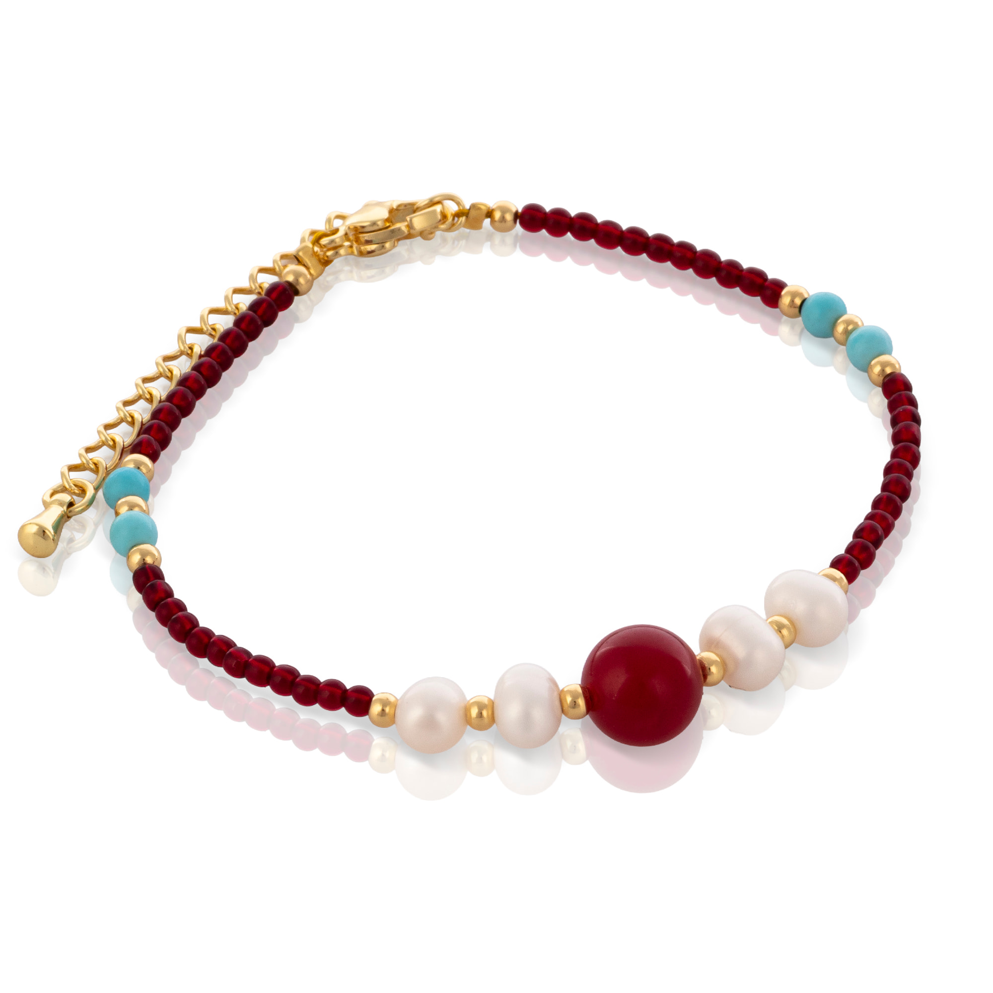 Marte Pulsera de perlas naturales con granate, turquesa y ágata roja, con cierre de mosquetón.