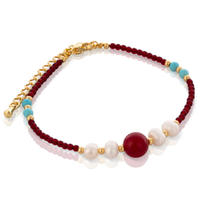 Marte Pulsera de perlas naturales con granate, turquesa y ágata roja, con cierre de mosquetón.
