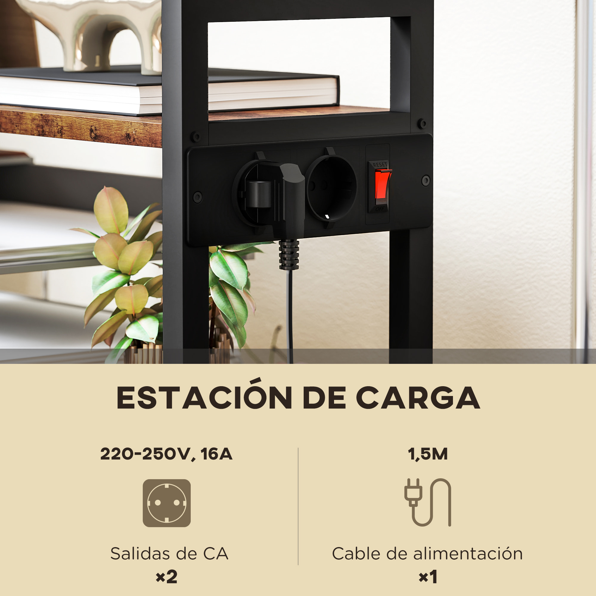 Soporte para Impresora con Estación de Carga Mueble para Impresora de 4 Niveles con Ruedas y Marco Metálico para Oficina Casa Escuela Marrón Rústico