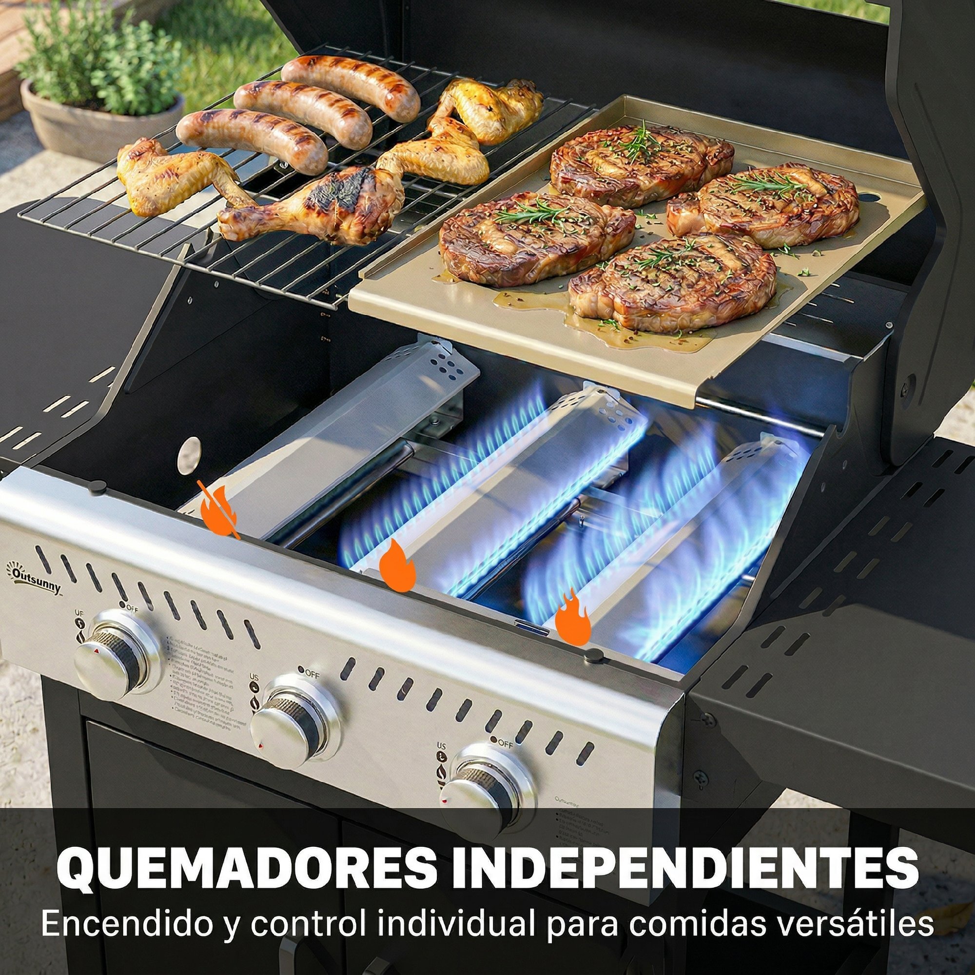 Barbacoa de Gas BBQ Gas Portátil con 3 Quemadores 7,5 kW Termómetro Mesas Laterales Plegables Armario Rejilla Calentadora Parrilla Plancha Tapa con Ventana Recogedor y Recipiente Grasa Ruedas