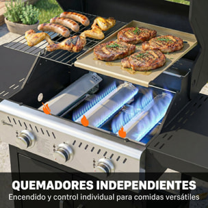 Barbacoa de Gas BBQ Gas Portátil con 3 Quemadores 7,5 kW Termómetro Mesas Laterales Plegables Armario Rejilla Calentadora Parrilla Plancha Tapa con Ventana Recogedor y Recipiente Grasa Ruedas