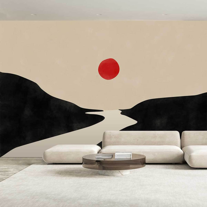 Tableau Abstrait Minimaliste Japonais Black & Beige Toile imprimée