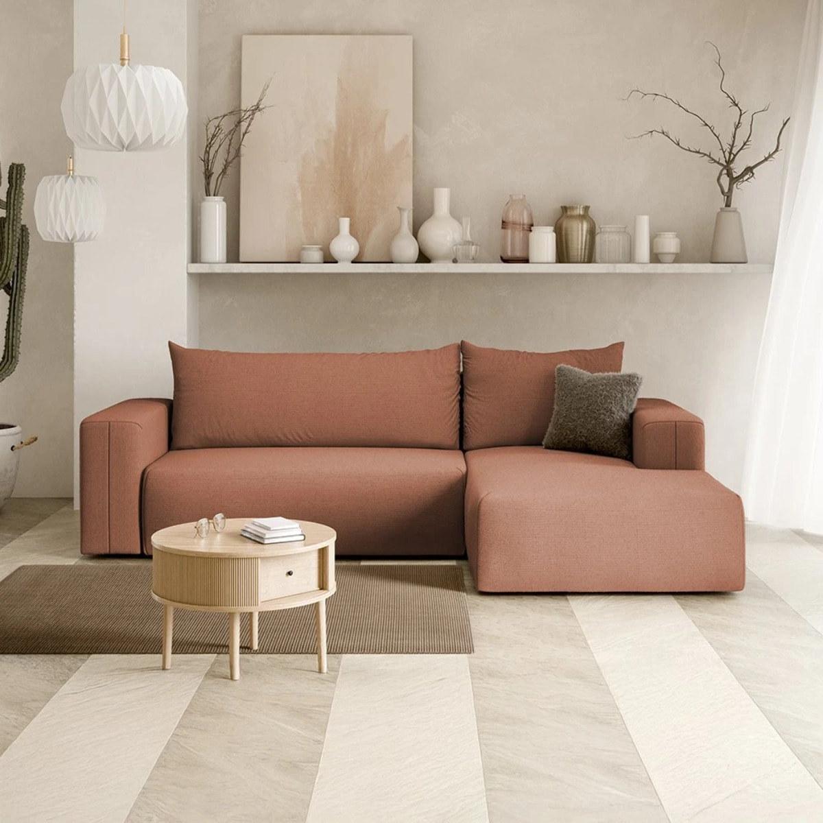 NALA - Canapé d'angle droit convertible 4 places en tissu orange