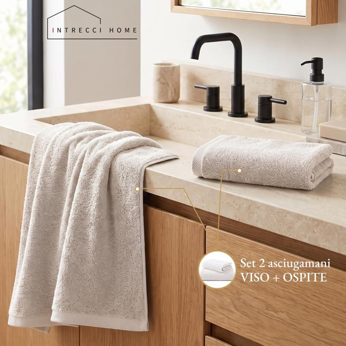 INTRECCI HOME Set Bagno Asciugamani Viso e Ospite, in Puro Cotone 500 g, Morbidezza Extra, Assorbenza Superiore