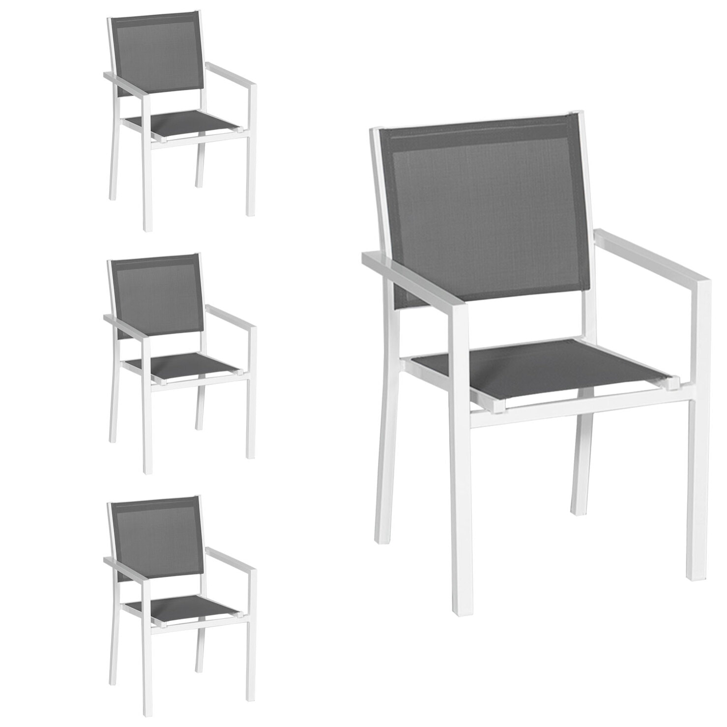 Lot de 4 chaises en aluminium blanc - textilène gris