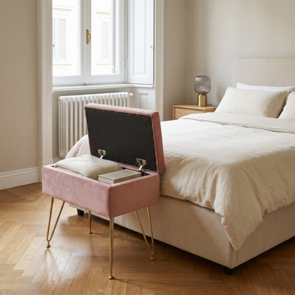 Panca Contenitore in Effetto Velluto con Seduta Imbottita e Vano Portaoggetti, Design Moderno con Gambe in Acciaio per Ingresso, Camera da Letto e Soggiorno