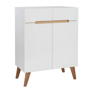 Buffet scandinave blanc laqué brillant et finition bois clair 2 portes 2 tiroirs L80 cm MELKA