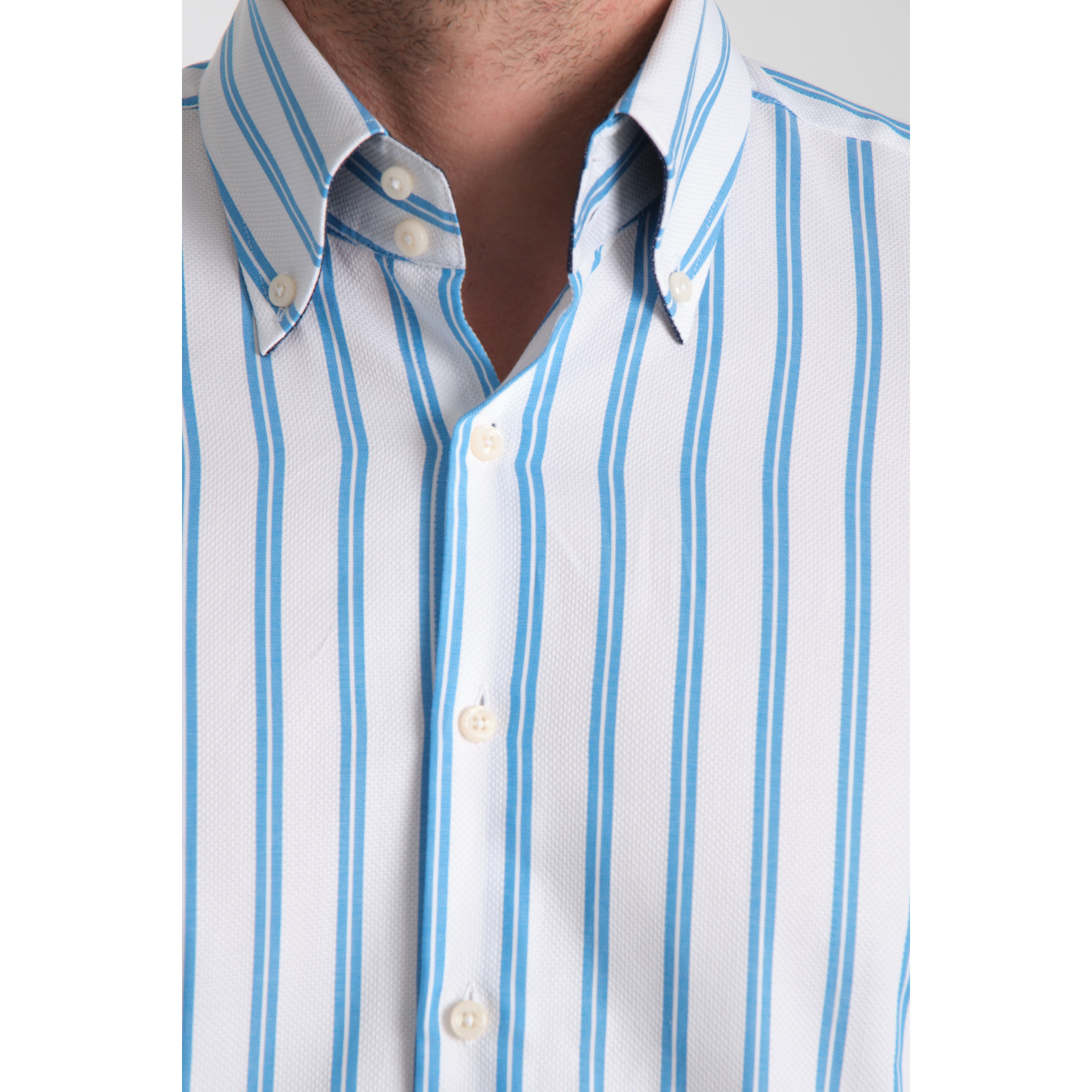 Camicia Uomo 2 Bottoni Button Down Slim Armaturato Riga Larga Bianco e Turchese