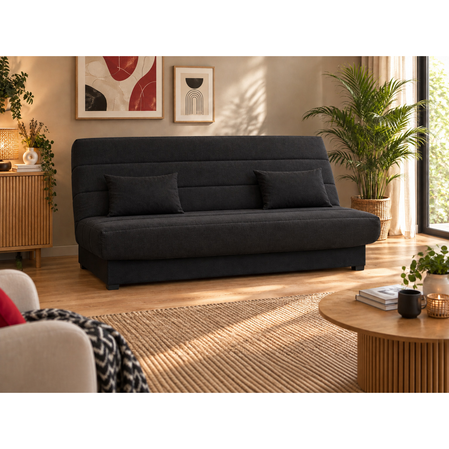 Canapé convertible Salma, matelas Simmons, 130 x 190 cm, 2 coussins offerts, noir