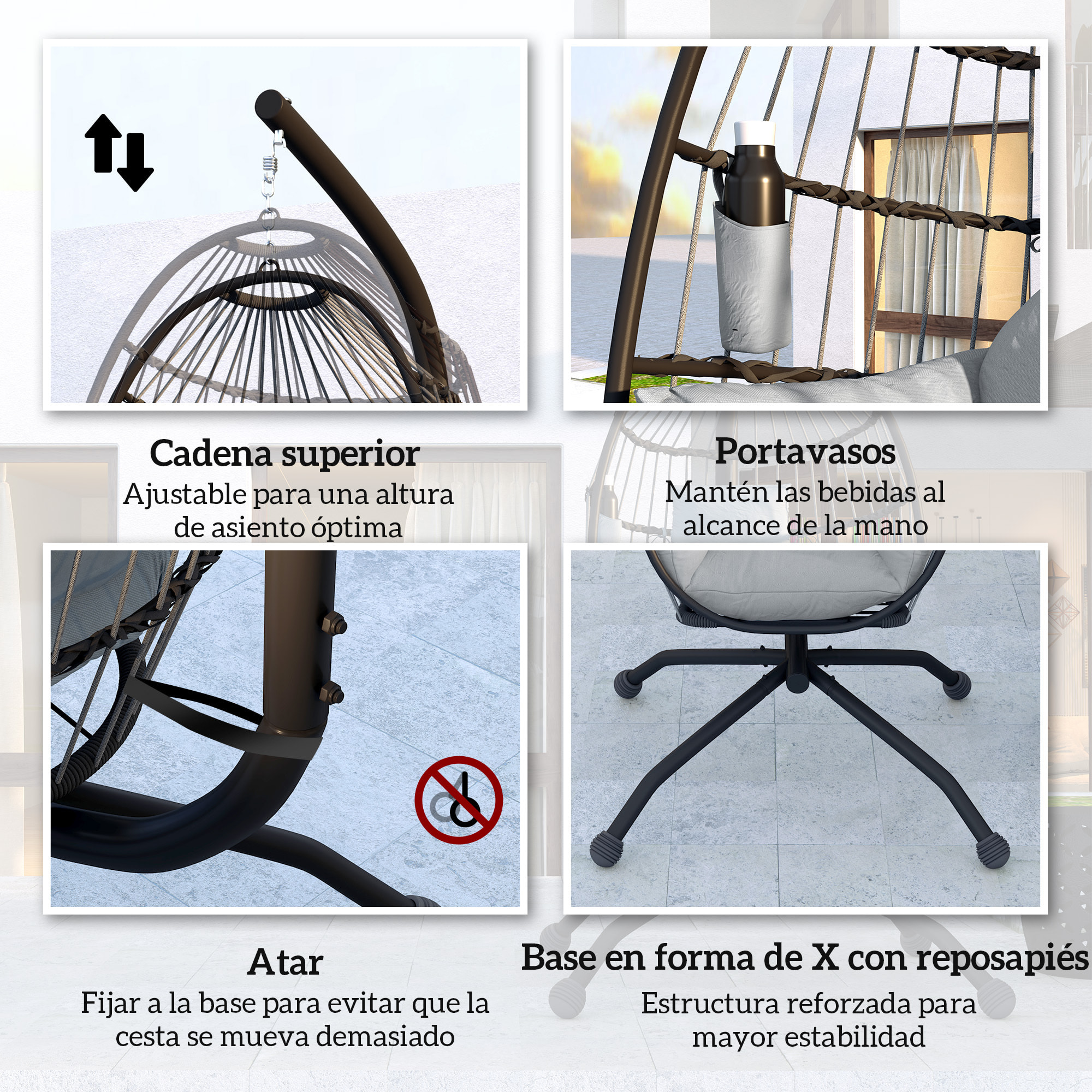 Silla Colgante Huevo con Soporte Columpio Jardín Exterior con Cesta Plegable Cojín y Reposacabezas Columpio Colgante para Interior y Exterior Carga 120 kg Gris